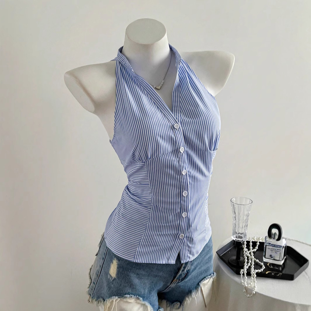 青と白のストライプのノースリーブシャツトップ女性のボタンダウ - Sleeveless Undershirt のレビューと価格